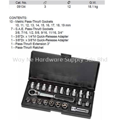 09134 - Pc 3/8 Drive 6 Point Metric SAE Pass Thru Socket Set