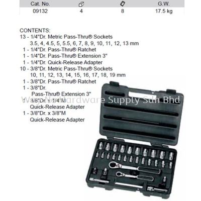 09132 - Pc 1/4 and 3/8 Drive 6 Point Metric Pass Thru Socket Set