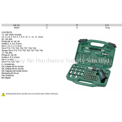 09324 - Pc 1/4 Drive 6 Point Socket and Ratcheting Bit Driver Set