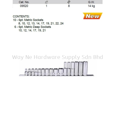 09520 - Pc 1/2 Drive 6 Point Metric Socket Set