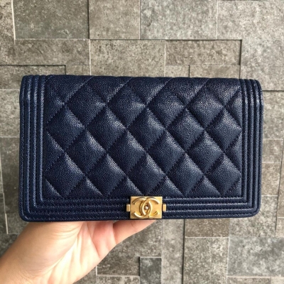 (SOLD) Chanel Boy Bi-Fold Long Wallet Navy Blue Caviar GHW