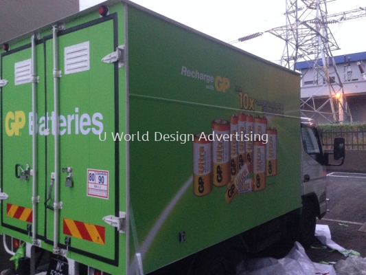 Gp Batterie box truck inkjet uv sticker wraping at klang selangor 