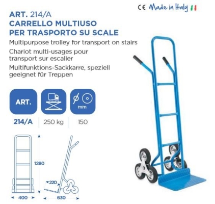 OMCN (MADE IN ITALY) 250KG TROLLEY WITH TRIPLE-WHEELS FOR CLIMBING STAIRS :L400MM X 270MM ART214A