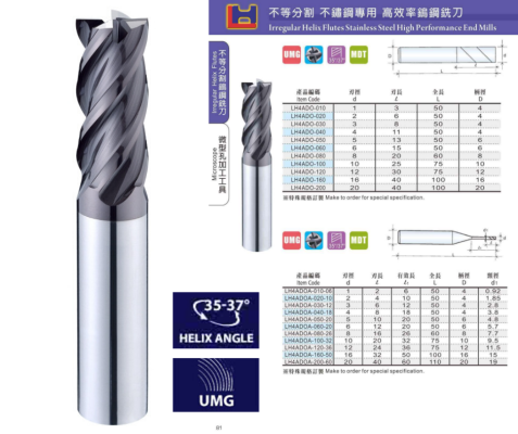 Irregular Helix 35-37 4Flutes Stainless Steel High Performance End Mills