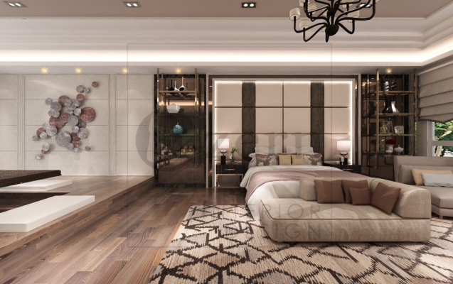 A spacious master bedroom with a luxury design.