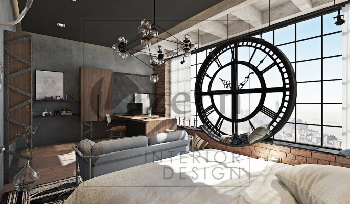 Modern Industrial design for a bedroom comes with a big Vintage Clock, you will never forget your time.