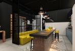 Pantry area with abstract tiles design with Mustard yellow Couch. Cozy Industrial Design for Mr. Christ's office in Damansara, Petaling Jaya. Malaysia