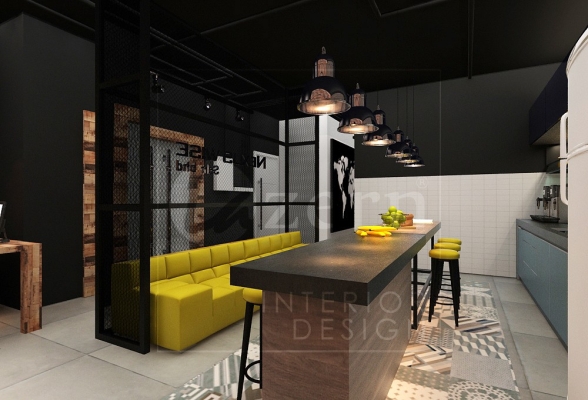 Pantry area with abstract tiles design with Mustard yellow Couch.