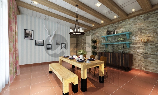 Decorative ceiling beams & slate tile on wall are play an important role for this cottage design.