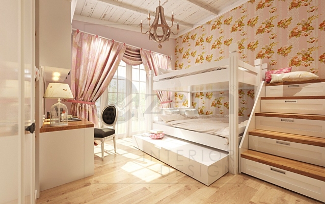 Pinky girls's room with flowers wallpaper & custom make wooden double deck bed.