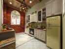 Wet kitchen with solid wood cabinet, green tiles & red color brick wall. Kitchen & Dining area Cottage Interior Design for A Showroom in Setia Alam, Shah Alam.