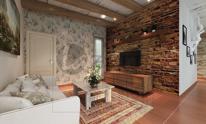 Cozy family area with brick wall & flowers wallpaper.