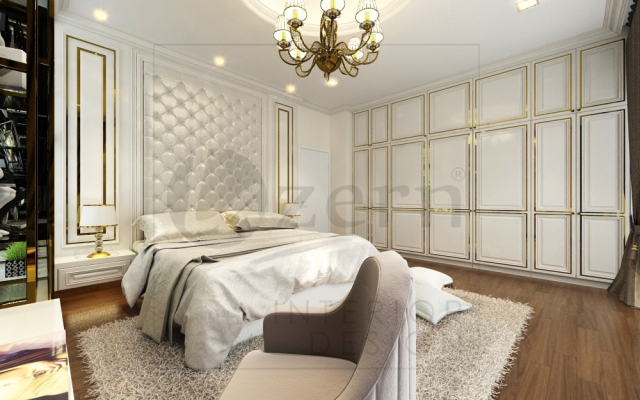 Grand luxury master bedroom with many of golden stripe.