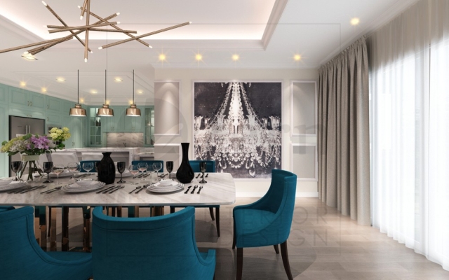 Huge Chandelier wallpaper is a Signature for this dining area.