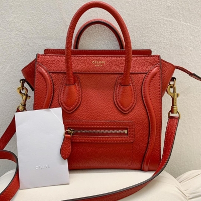 Celine Nano Luggage Red Grained Leather Tote