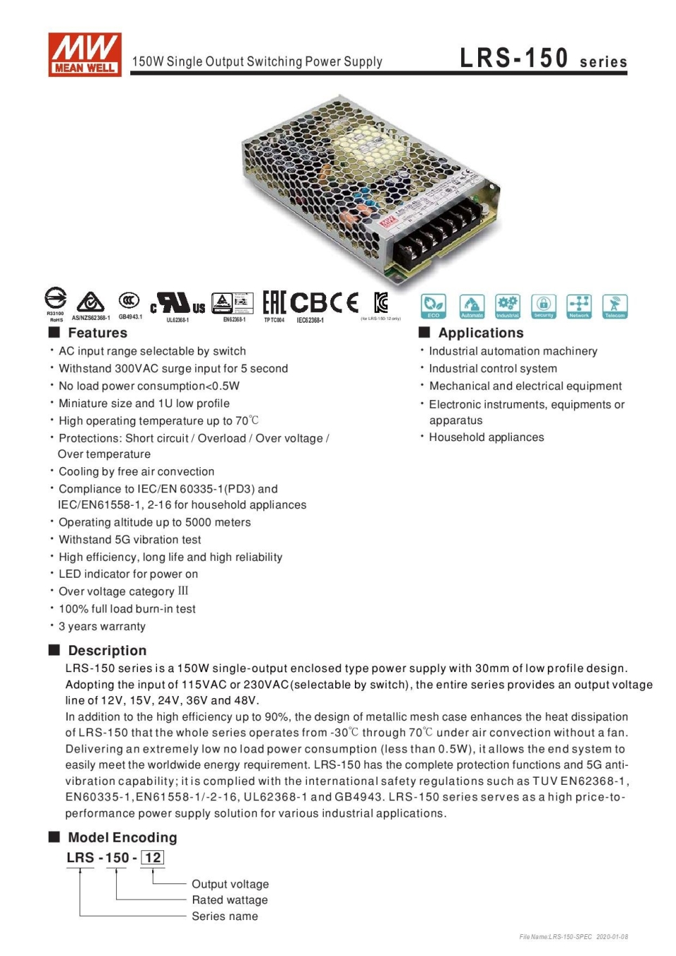 LRS-150 Series Power Switching supply Power Switching supply