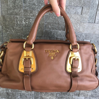 Prada Full Calf Leather Brown Tote Bag with Long Strap