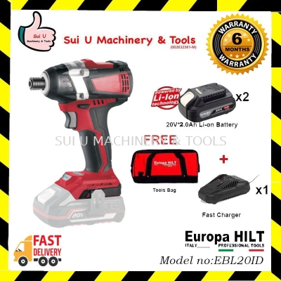 EUROPA HILT EBL20ID 20V Cordless Impact Driver with Brushless Motor 2700rpm w/ 2 x 2.0Ah Batteries + Charger + Tools Bag