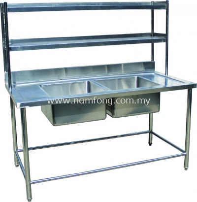 Double Bowl Sink Table C/W 2 Tier Overshelf