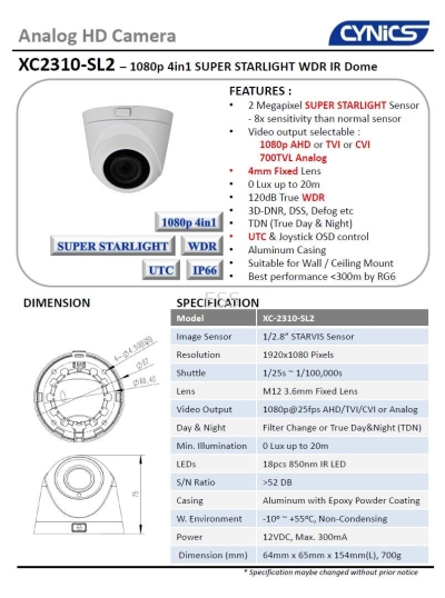 Cynics 2MP Super Starlight IR Dome Camera XC-2310-SL2