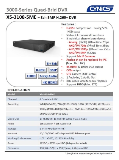 Cynics 5MP 8ch. DVR X5-3108-5ME