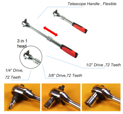 1/4",3/8",1/2" 3-in-1 Telescopic Extendable Long Handle Ratchet Socket ID31982