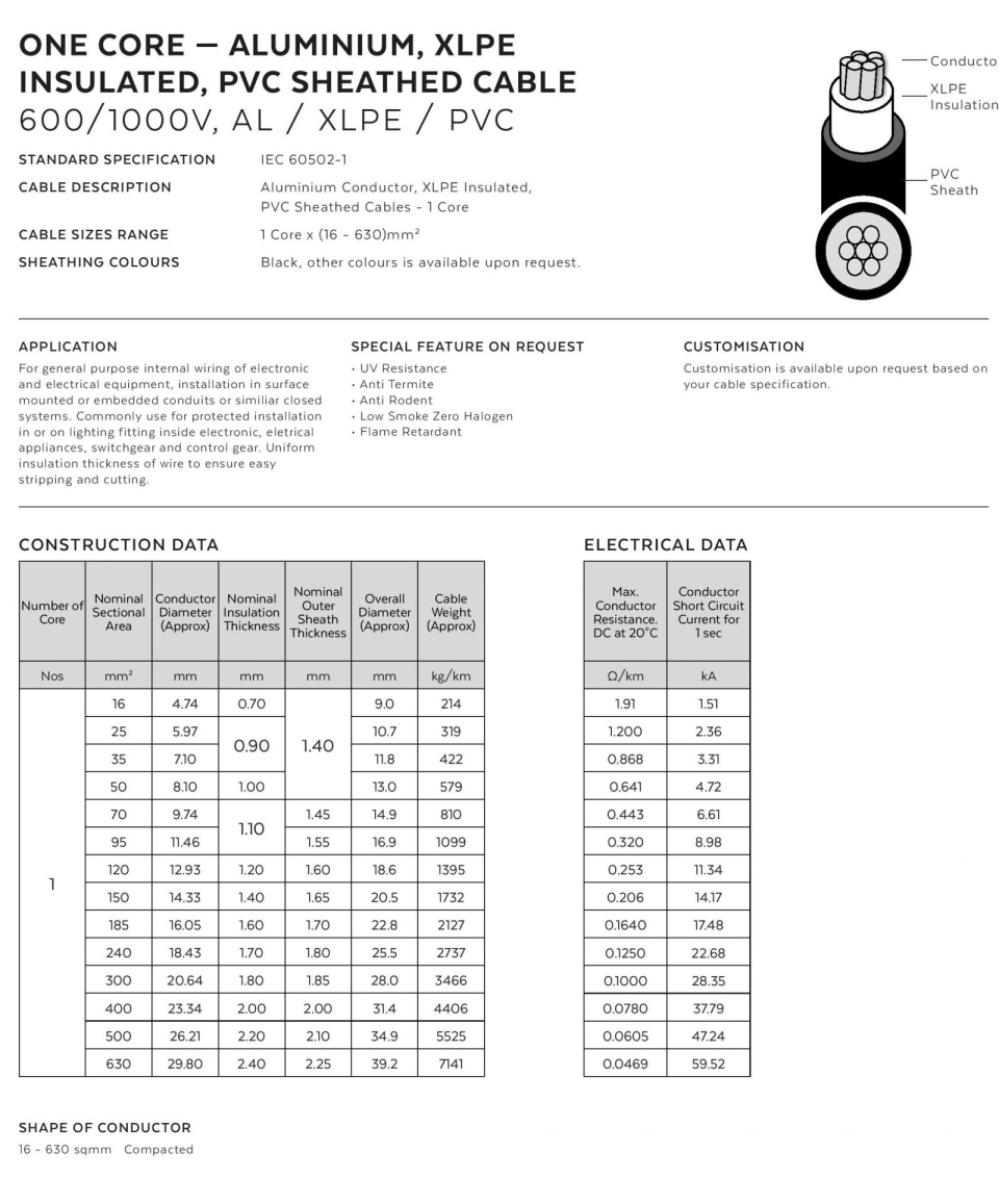 Aluminium / XLPE / Pvc Cable 16.0sqmm ~ 630.0sqmm Single Core Aluminium / XLPE /Pvc cable  Electric Cable Aluminium type 