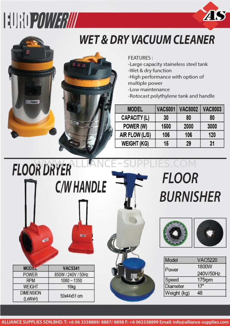 Wet & Dry Vacuum Cleaner / Floor Dryer C/W Handle / Floor Burnisher High Pressure Washer JETMAC / EUROX