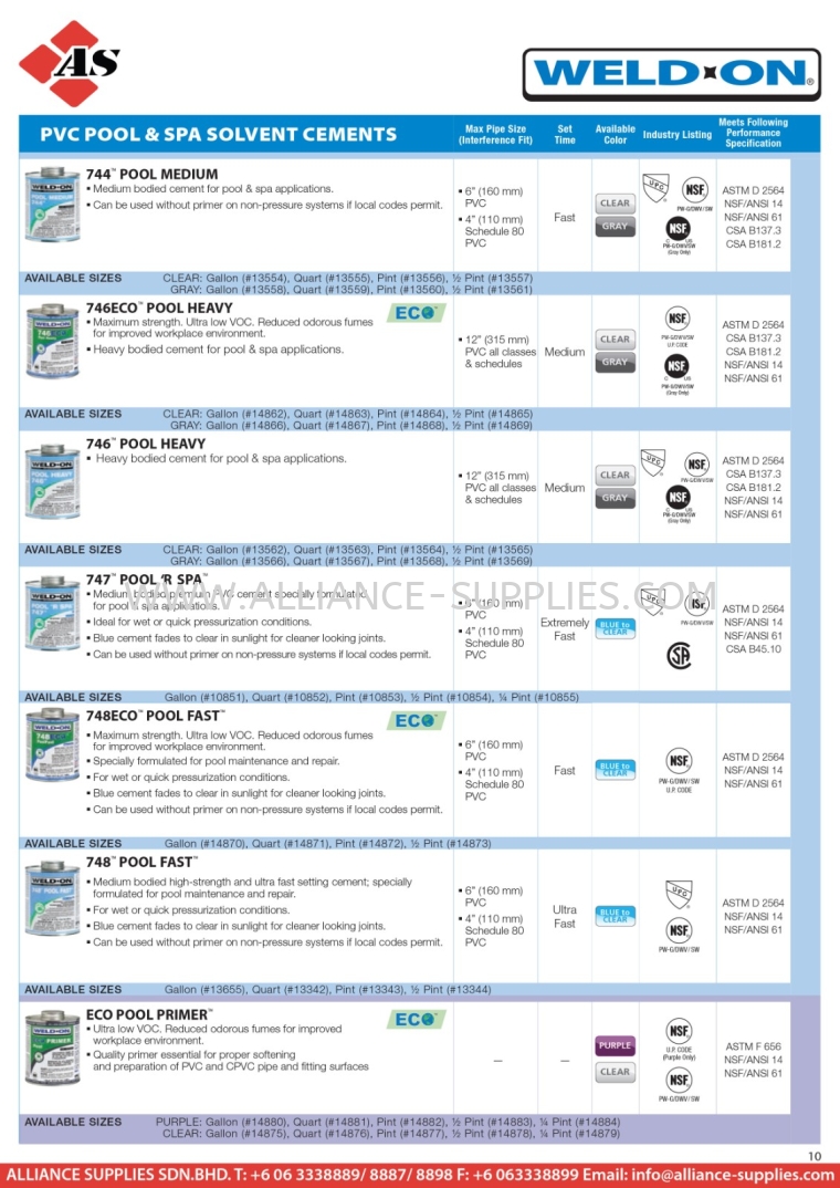 WELD-ON PVC Pool & Spa Solvent Cements WELD-ON MRO CONSUMABLES / HARDWARE