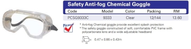 Goggle - 9333AF Chemical  - Clear  Picasaf Eyewear  EYE PROTECTION
