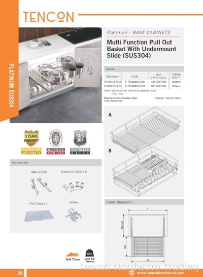 Multi-Function Pull Out Basket With Undermount Slide (SUS304) (800mm FS4800S-SUS, 900mm FS4900S-SUS)