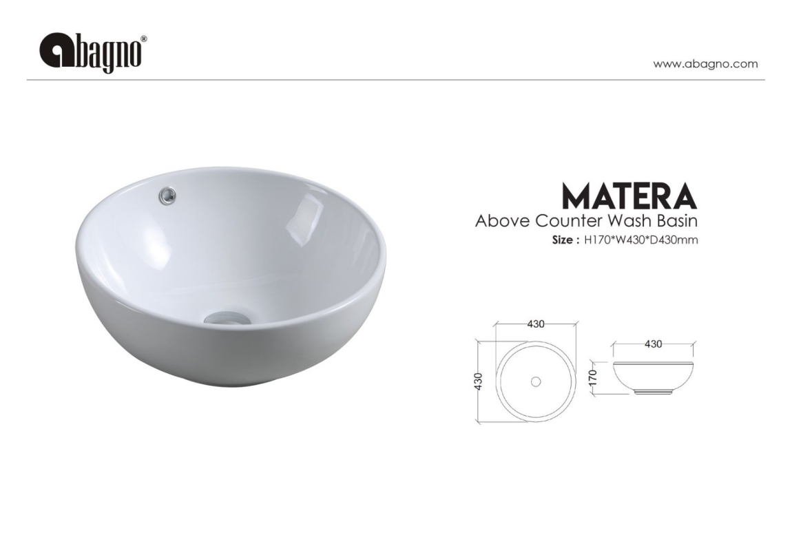 BRAND ABAGNO-MATERA Countertop Wash Basin Bathroom / Washroom Choose Sample / Pattern Chart