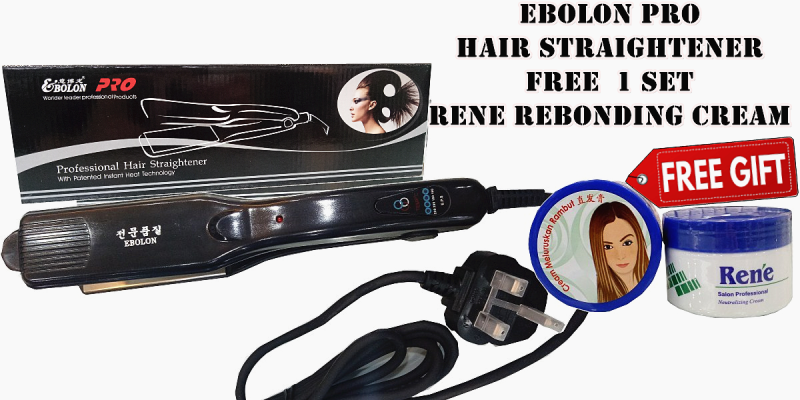 Ebolon Pro Hair Straightener Flat Iron FREE Rene Rebonding Cream Set 120 ML