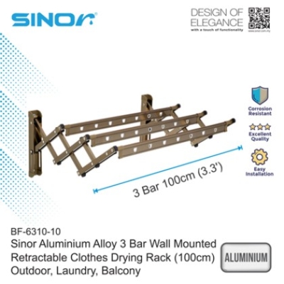 SINOR BF-6310-10 3 Bar Aluminium Alloy Wall Mounted Retractable Clothes Drying Rack (100cm)