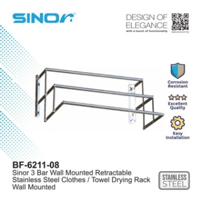 SINOR BF-6211-08 3-bar Wall Mount Retractable Stainless Steel Towel Drying Rack Clothes Hanger