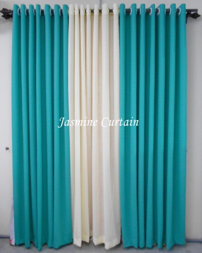 1 SET CURTAIN EYELET PLAIN TURQOISE GREEN-CREAM (72X85) (3PCS)