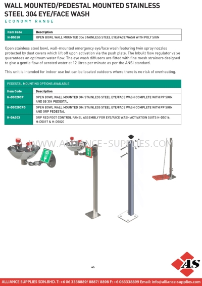 Wall Mounted/pedestal Mounted Stainless Steel 304 Eye/face Wash