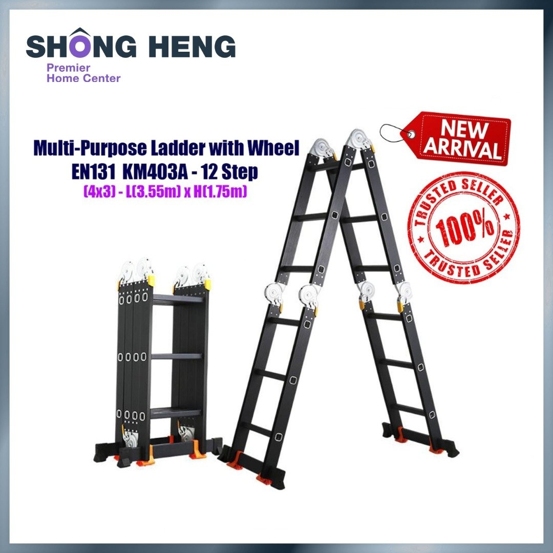 ALUMINIUM MULTI-PURPOSE LADDER EN131-KM403A WITH WHEEL (BLACK) - 12 STEPS