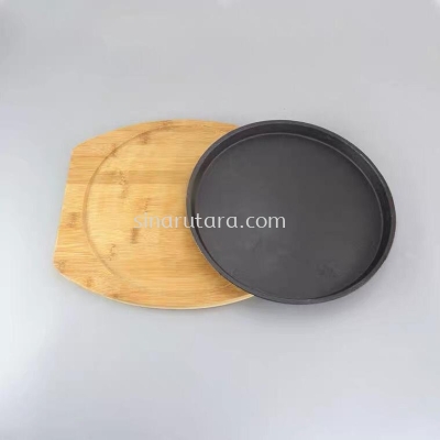 YB-SMB26 25*2cm Round Iron Plate with Wooden Tray