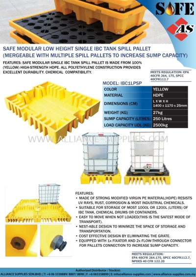 SAFE Modular Low Height Single IBC Tank Spill Pallet (Mergeable With Multiple Spill Pallets)