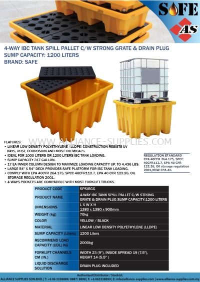 SAFE 4-Way IBC Tank Spill Pallet C/W Strong Grate & Drain Plug,Sump Capacity:1200Liters (Brand: SAFE)