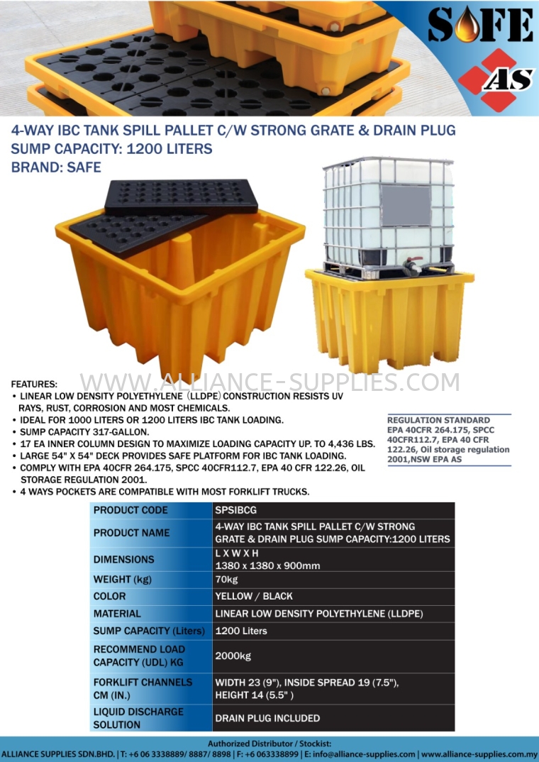 SAFE 4-Way IBC Tank Spill Pallet C/W Strong Grate & Drain Plug,Sump Capacity:1200Liters (Brand: SAFE) SAFE IBC Tank Spill Pallets SPILL CONTROL SOLUTIONS/ SECONDARY CONTAINMENT