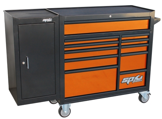 SP TOOLS CUSTOM SERIES ROLLER CABINET WITH SIDE CABINET - 11 DRAWER - ORANGE/BLACK HANDLES SP40160OR