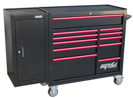 SP TOOLS CUSTOM SERIES ROLLER CABINET WITH SIDE CABINET - 11 DRAWER - BLACK/RED HANDLES SP40162