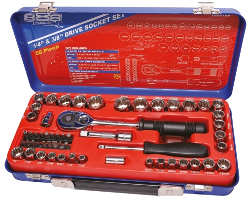 SP TOOLS 1/4"DR & 3/8"DR SOCKET SET - 12PT METRIC/SAE - 55PC T820199