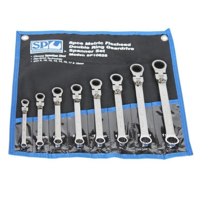 SP TOOLS DOUBLE RING GEAR DRIVE SPANNER SETS - FLEX HEAD - METRIC - 8PC SP10628