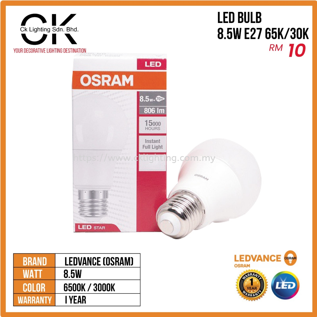 CK LIGHTING LED BULB 8.5W E27 3000K LEDVANCE(OSRAM) LEDVANCE (OSRAM) BULB  Penang, Malaysia, Butterworth Supplier, Suppliers, Supply, Supplies | CK  LIGHTING SDN BHD