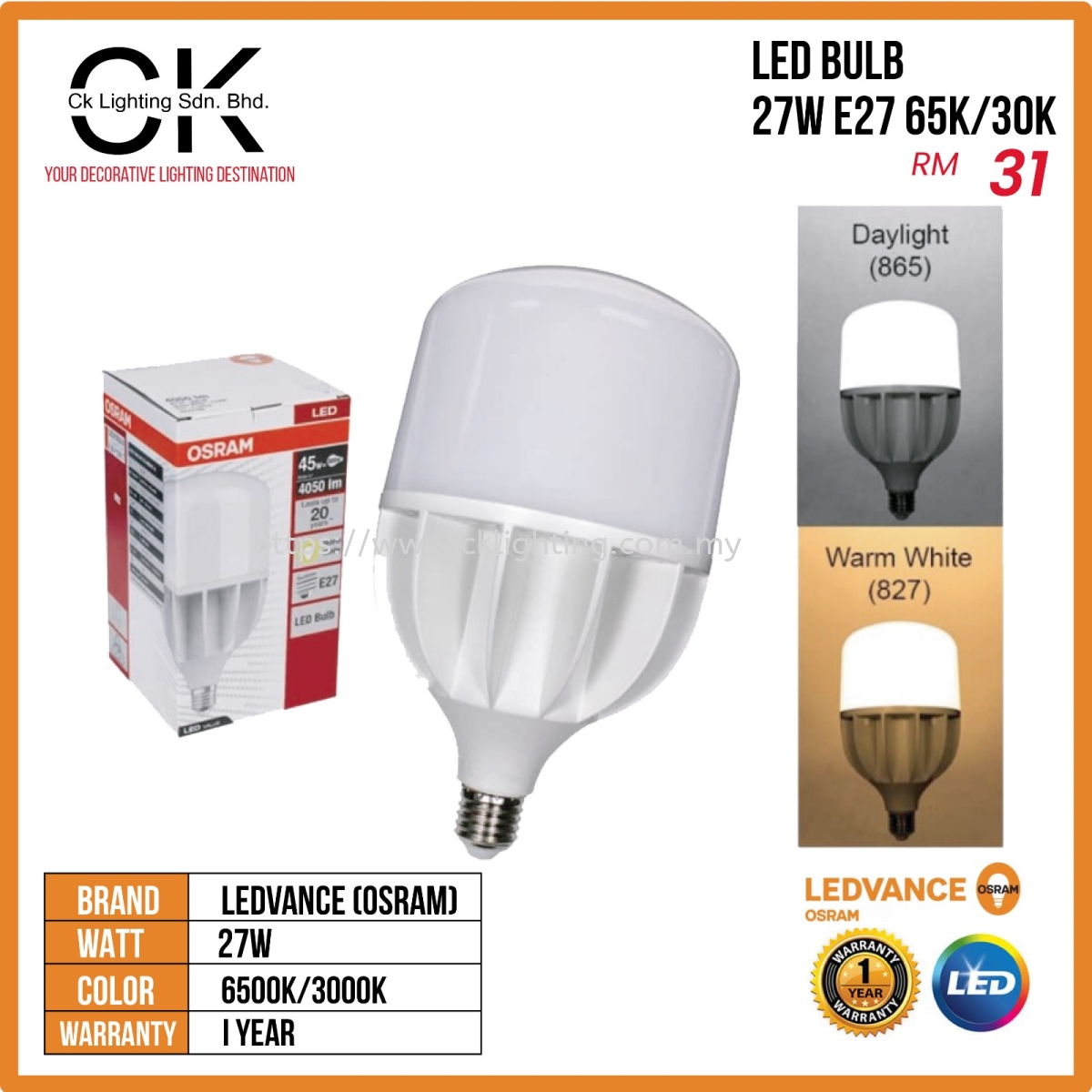CK LIGHTING LED BULB 27W E27 3000K LEDVANCE(OSRAM) LEDVANCE (OSRAM) BULB  Supplier, Suppliers, Supply, Supplies ~ CK LIGHTING SDN BHD