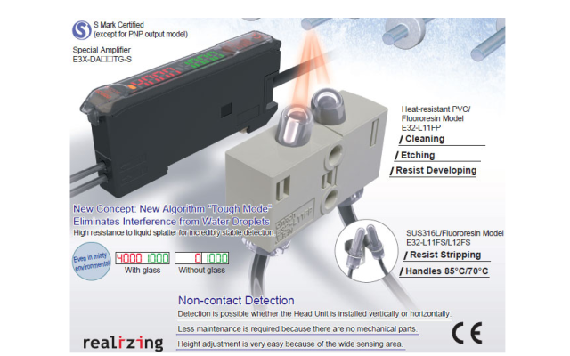 Omron E32-L11FP / L1[]FS, E3X-DA[][]TG-S Stable Detection of Glass in Wet Processes. Non-contact Operation