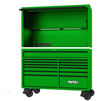 SP TOOLS 59" USA SUMO SERIES ROLLER CABINET & POWER TOP HUTCH COMBO - GREEN/BLACK SP44740G